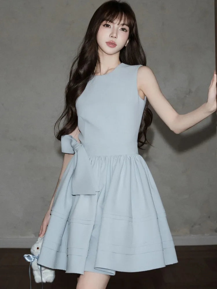Bxoxo Elegant Vintage Style Dresses For Woman Summer French Lace-up Slim Waist O-Neck Party Evening Dress Fashion 2025 New Causal