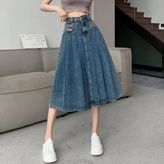 BXOXO Elegant Denim Pleated Skirt Ladies Women High Waist Harajuku Korean Style A-line Long Skirt For School Girl Casual Faldas