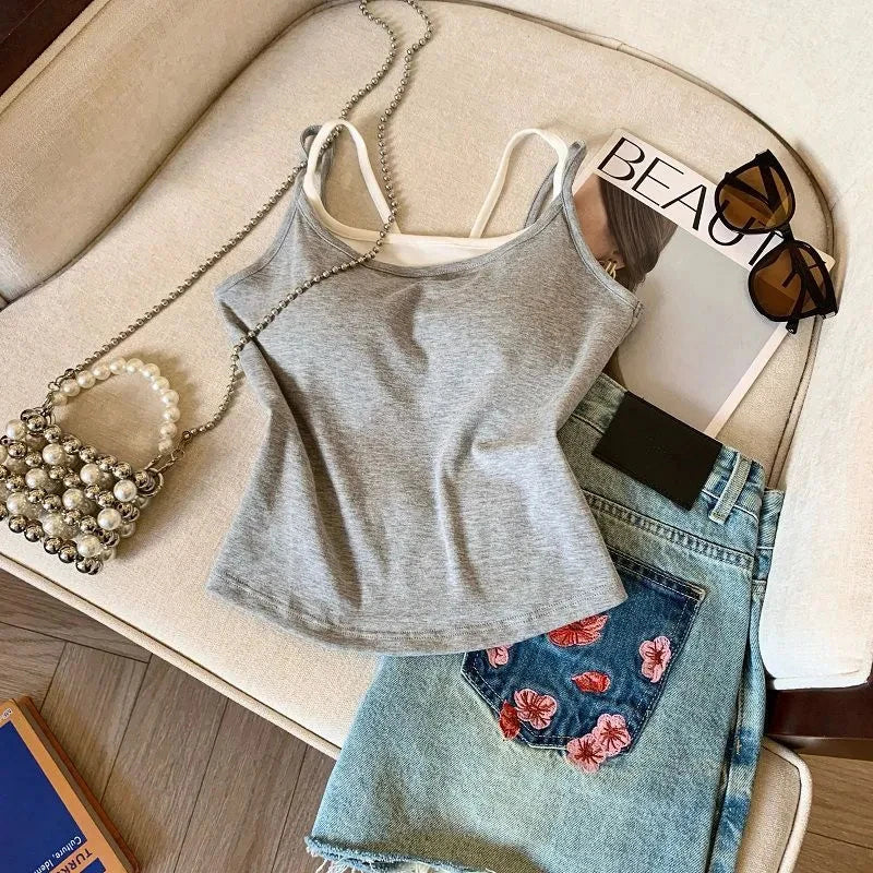 Bxoxo Fashion Patchwork Fake 2 Piece Women Camis Summer Fashion Spaghetti Straps with Chest Pad Vest Korean Chic Base Tank Female
