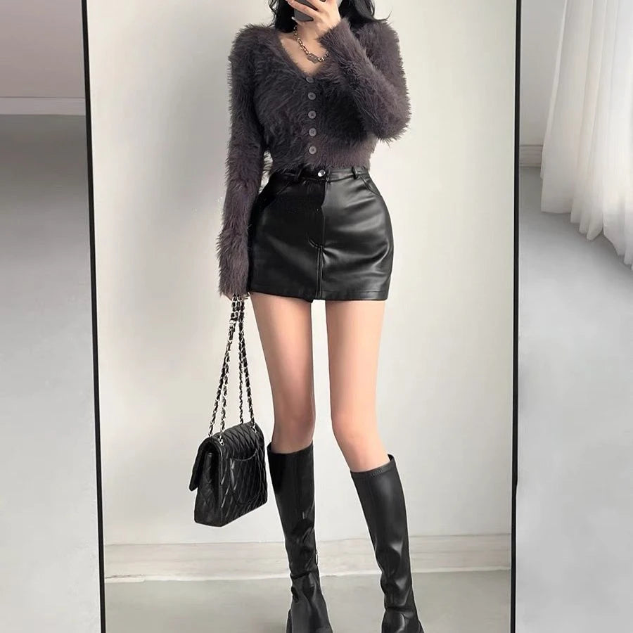 BXOXO Retro Pu Leather Skirt for Women's Autumn Winter High Waist Sexy A-line Shorts Skirt Fashion Female Clothing Black Brown