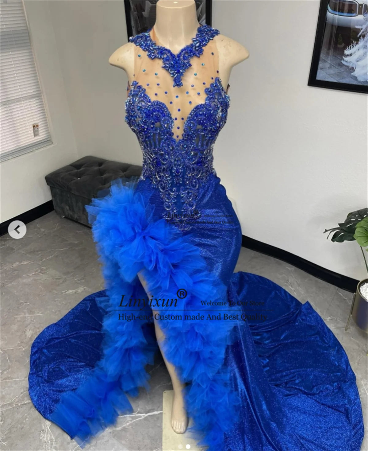 BXOXO Sparkly Beaded Crystal Prom Dresses For Black Girls Mermaid Long Evening Party Gowns Customized Long Slit Ruffle robes de soirée