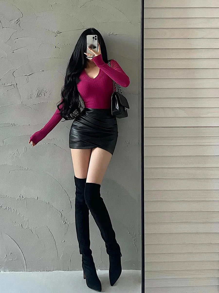BXOXO Spicy Girl Sexy High Waist Slim A-LINE Wrinkle Wrapped Hip PU Leather Skirt Short Skirt Sweet Korean Women