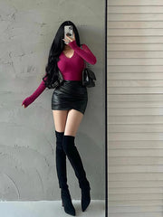 BXOXO Spicy Girl Sexy High Waist Slim A-LINE Wrinkle Wrapped Hip PU Leather Skirt Short Skirt Sweet Korean Women