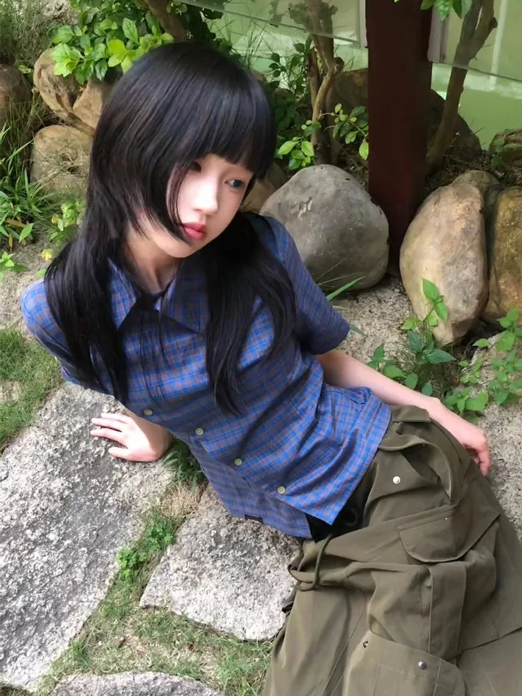 Bxoxo Y2k Vintage Shirt Women Short Sleeve Irregular Casual Shirt Plaid 2000s Japanese Summer Shirt Tee E-girls Streetwear