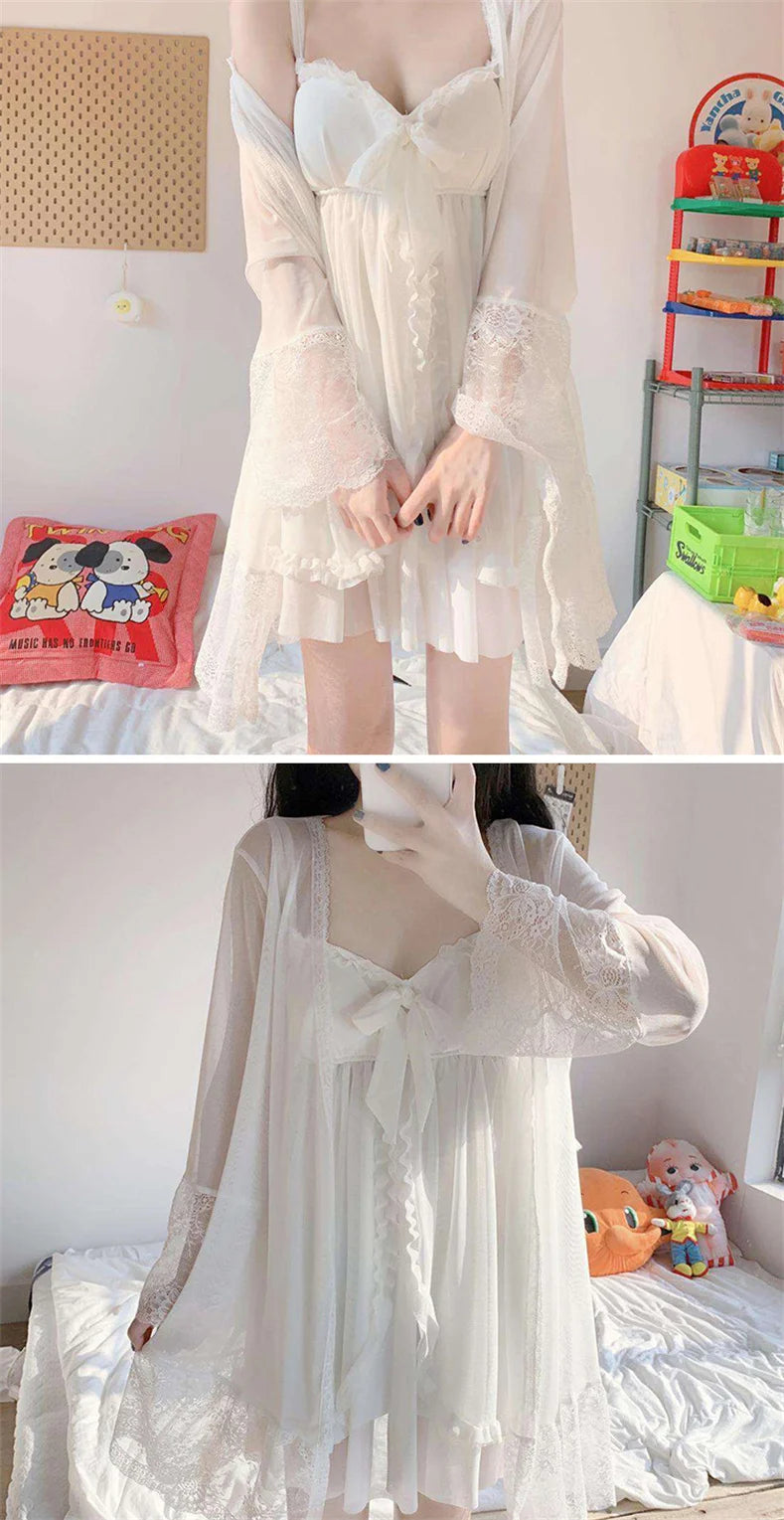 Bxoxo Elegant Sweet Simple Solid White Women Robe Gown Sets Chic Lace Bow Mesh  Sleepwear Breathable Slim Nightdress