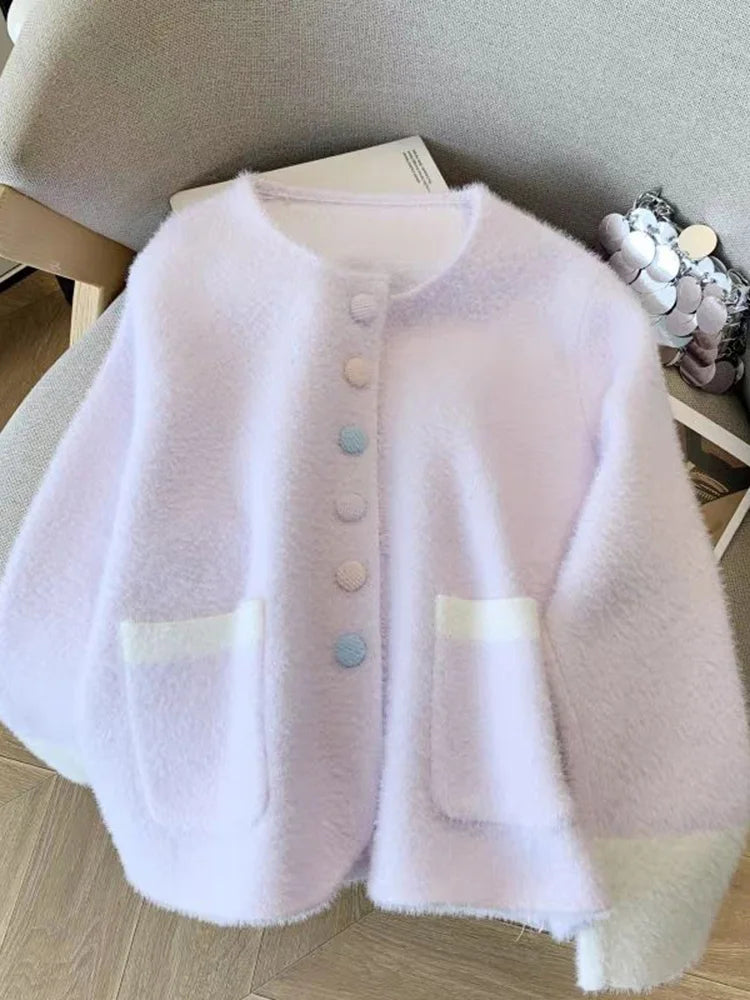 Bxoxo Faux Mink Cashmere Sweet Cardigan Women Long Sleeve O Neck Elegant Knitted Sweaters Korean Fall Winter Fashion Soft Pockets Tops