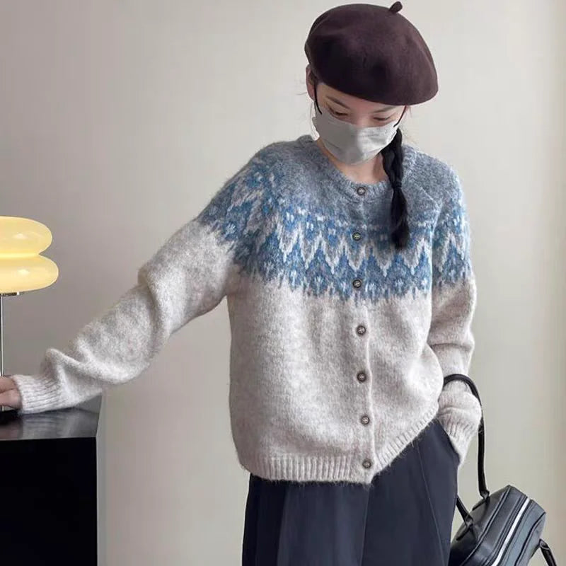 Bxoxo Vintage Fair Isle Knitted Cardigan for Women Cozy O-Neck Button Down Sweater Jacket Fall Winter Korean Style Christmas Sweater