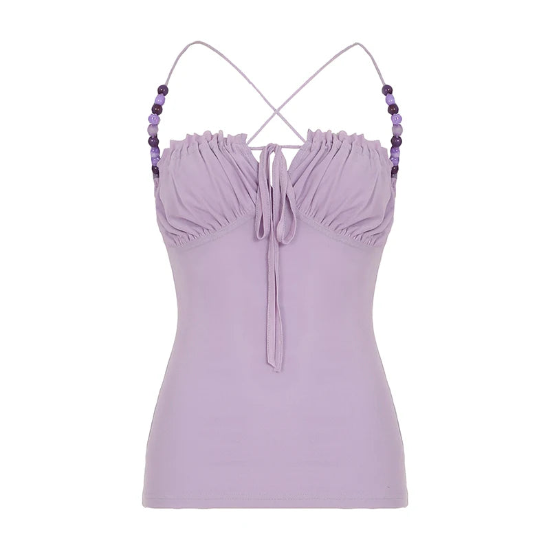BXOXO Elegant Solid Folds Camis Vintage 2000s Skinny Strap Crop Tops Women Holiday Style Transparent Mesh Tees Ladies y2k Vest