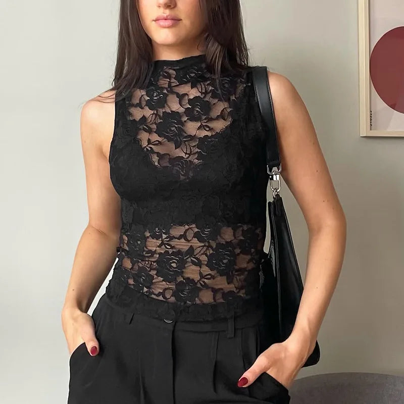 BXOXO Wome's Summer Sleeveless Lace Camisole Mesh See Through Floral Sheer Mock Neck Tank Tops Sexy Slim Fit Clubwear