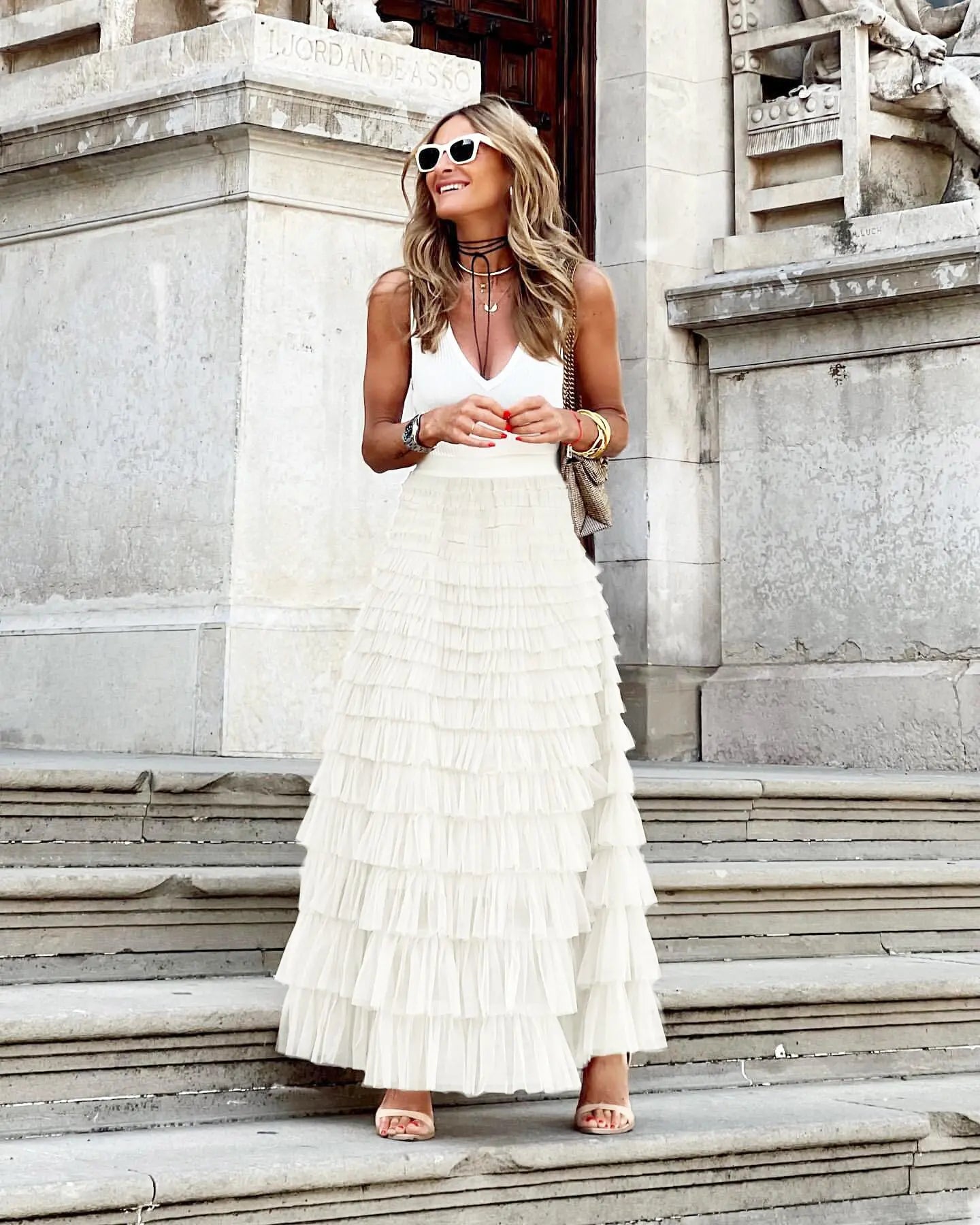 Bxoxo Casual Womens Solid Ball Gown Long Skirt Tulle High Waist Pleated Tutu Skirt Elegant Ladies Wild Mesh Dating Maxi Skirts Drop