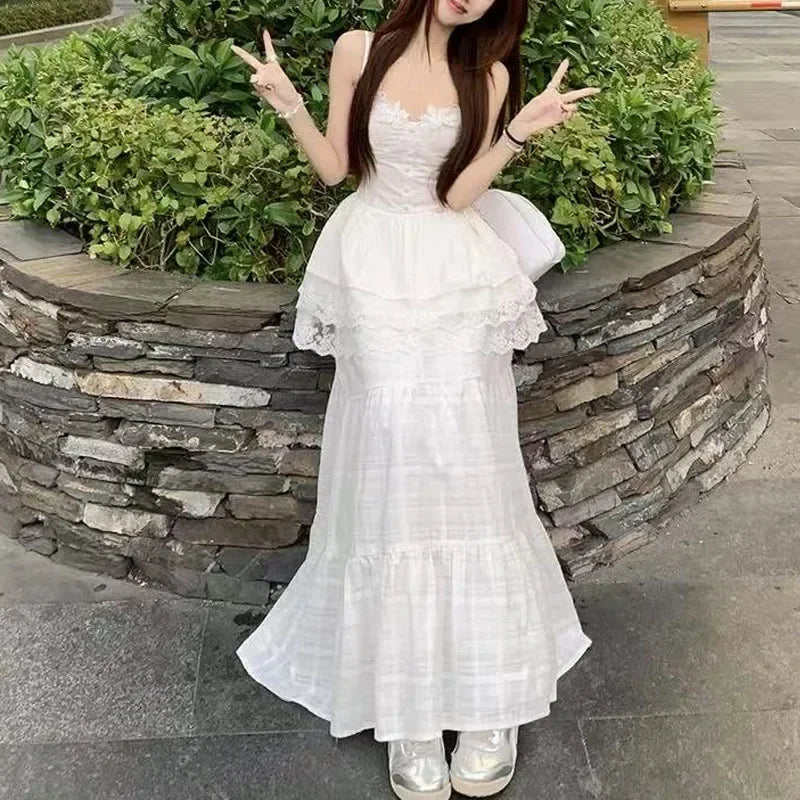 Bxoxo New 2025 Floral Bud Two-Piece Set Cold Tone Elegant Spring Halter Skirt Set Gentle Style Women's Cotton Floor-Length Skirt
