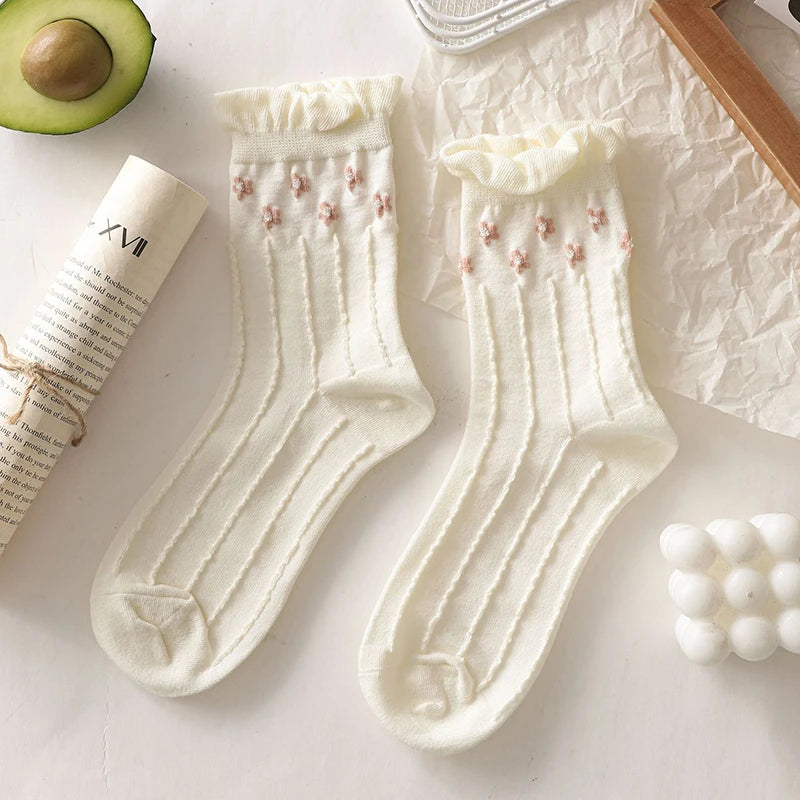 BXOXO Simple White Socks Versatile Lovely Bowknot Small Flowers Women's Medium Tube Socks kawaii Harajuku jk Lolita Girls Cotton Socks