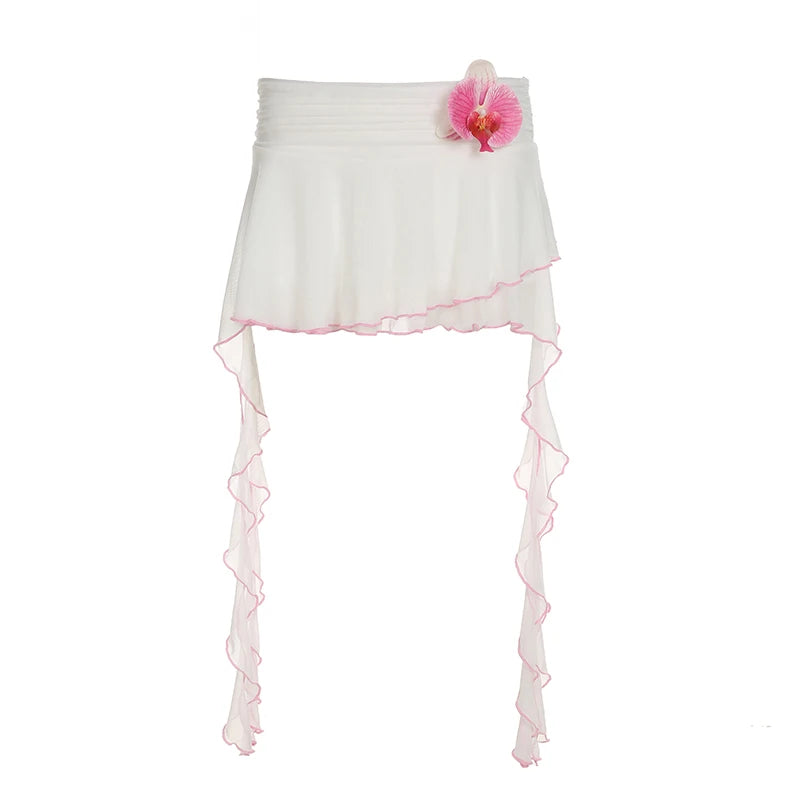 BXOXO Sweet Chic Design Asymmetrical Ribbons Women Mini Skirts Pink Trim 3D Floral Fashion Summer Skirts