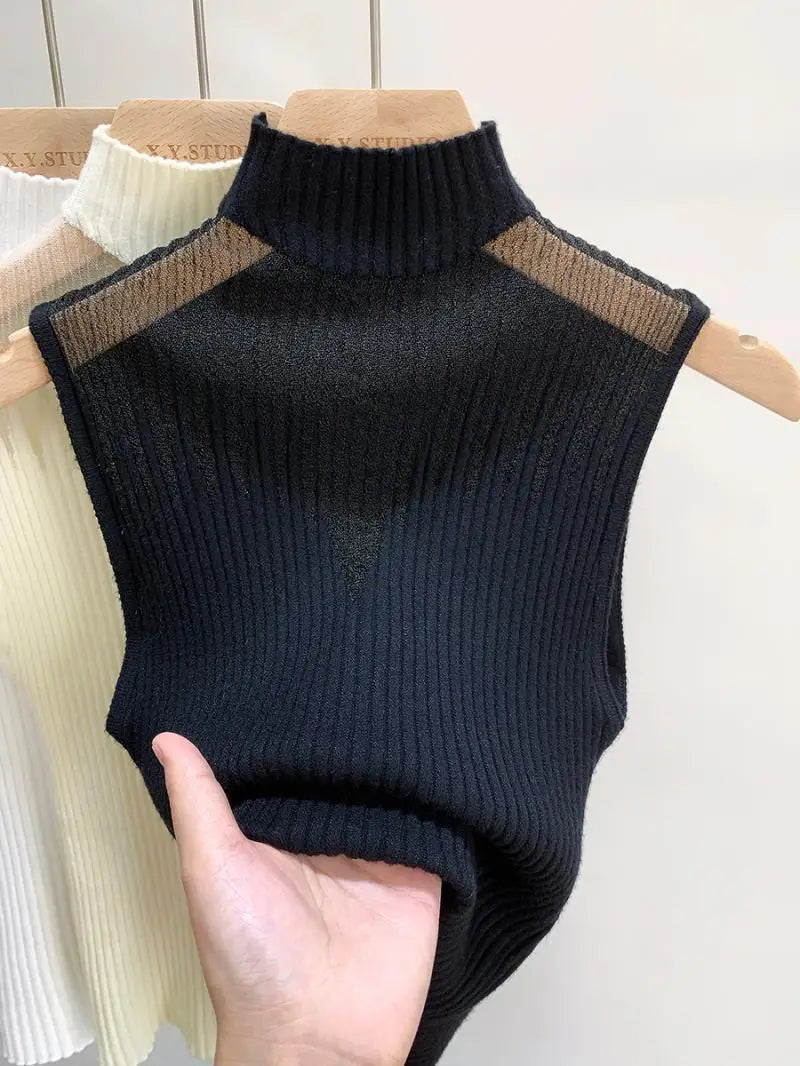 BXOXO Mesh Hanging Neck Semi-high Neck Knitted Small Vest Female Undershirt Sweater Sleeveless T-shirt Short Tanks Female