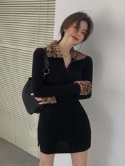 Bxoxo Leopard Print Patchwork Mini Dress Women Y2K Autumn Sexy Slim Black Dress Fashion Streetwear Long Sleeve Lapel Splicing Vestidos