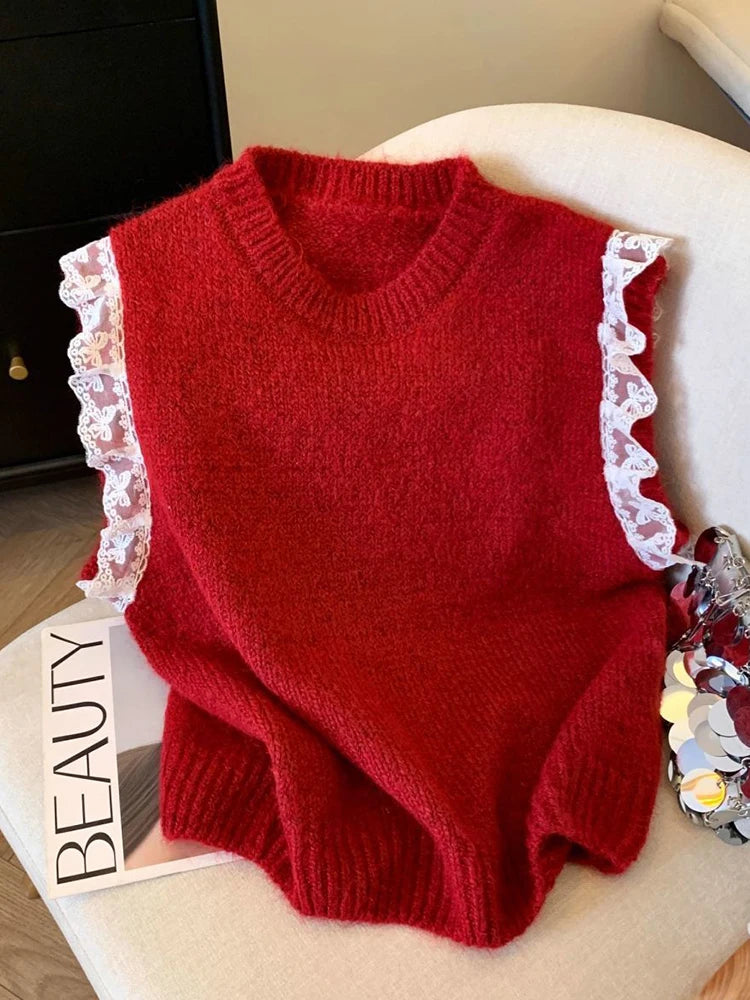 Bxoxo Lace Patchwork Sweet Sweater Vest Women Vintage O Neck Casual Knitted Tops Korean Preppy Style Lady Lazy Wing Cute Vest New