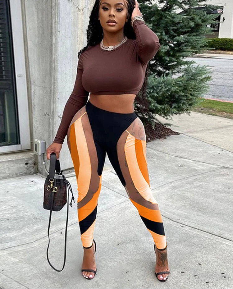 BXOXO Mesh Patchwork Print Leggings Women Hipster Y2K Stitching Color Match Sheath Pants High Waist Body-Shaping High Streetwear