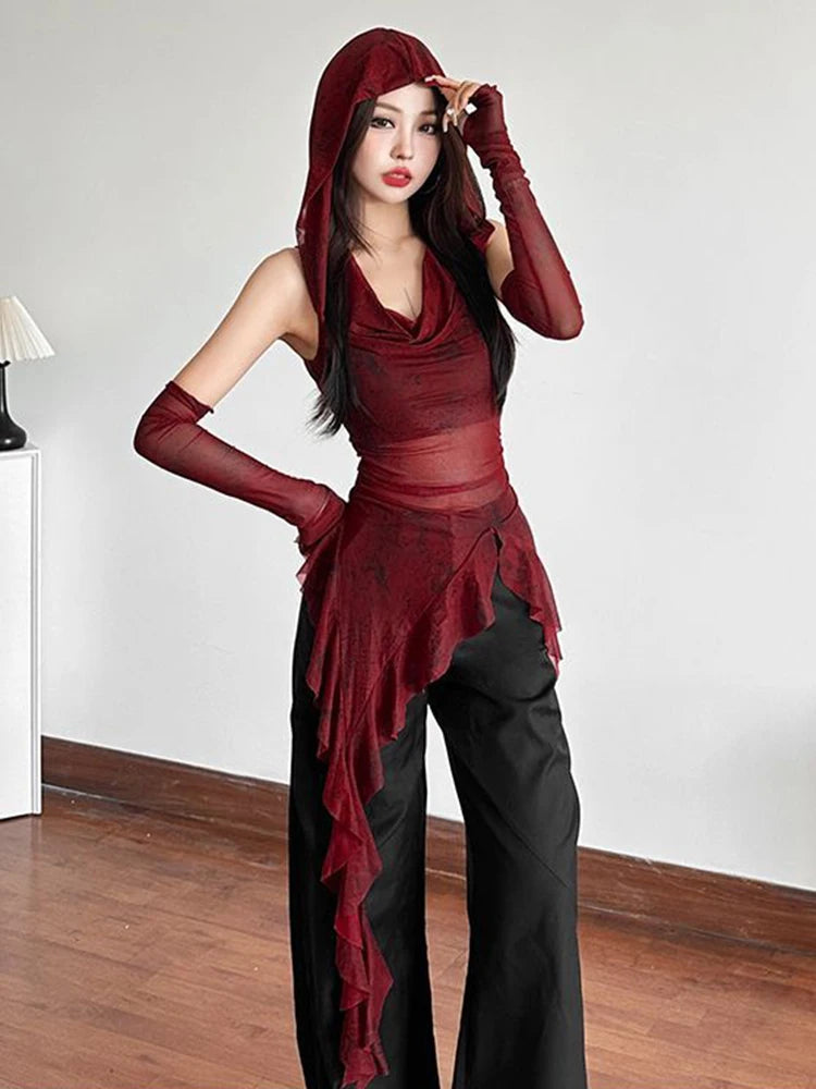 BXOXO Vintage Gothic Hooded T Shirts Women Sexy See Through Slim Y2K Tees Streetwear Harajuku with Sleeves Female Irregular Tops