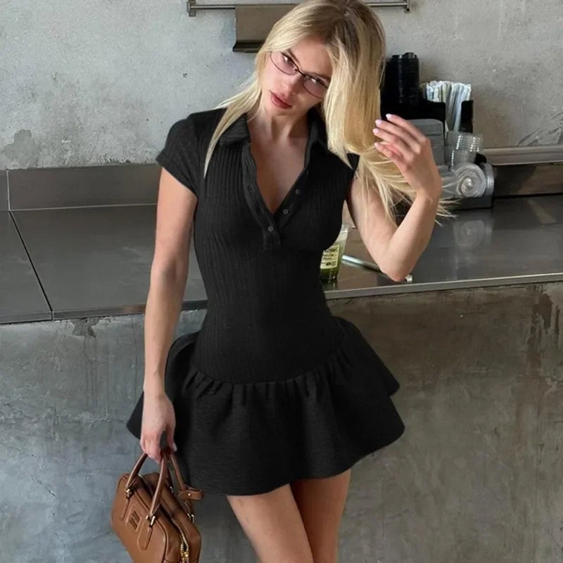 BXOXO White Knitted Short Dress Women's Summer Patchwork Lapel Short Sleeve Pleated A-Line Dress High Waist Office Lady Dress
