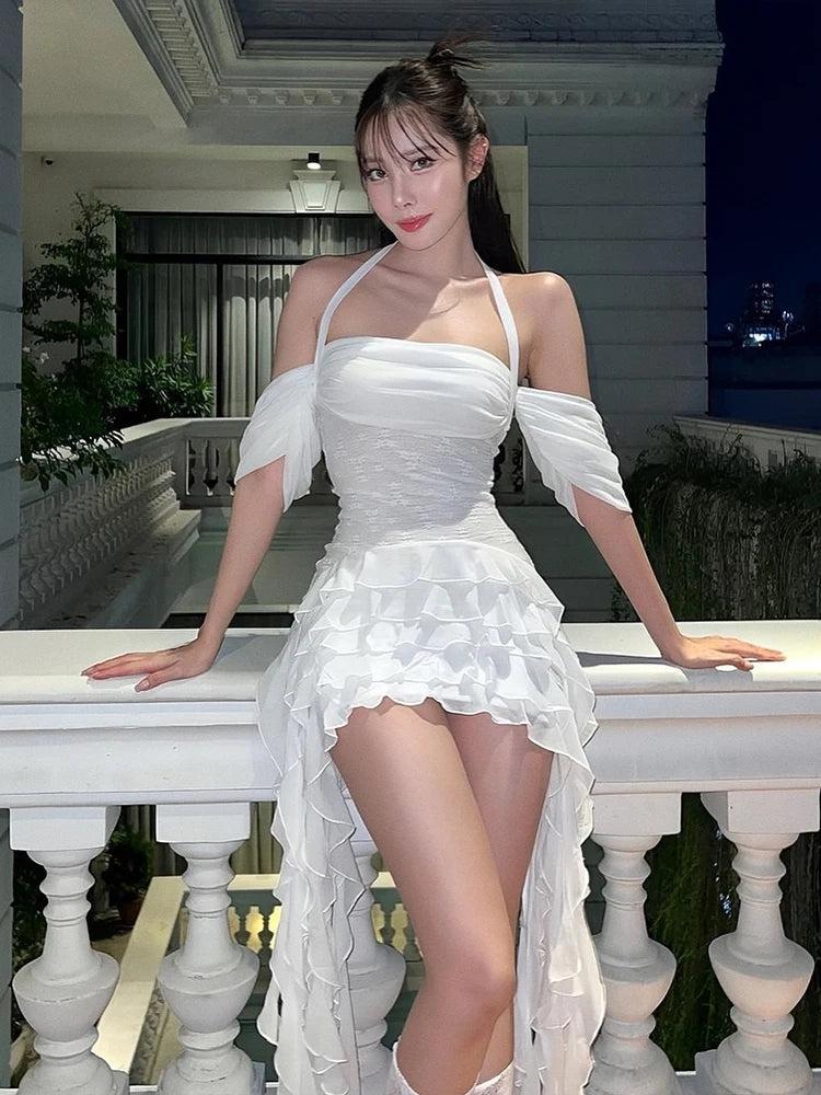 BXOXO Tassel Dress Women One Shoulder Multi-Layered Ruffles Skinny Lace-Up Backless Summer Trend Sweet Skinny Mini Bodycon