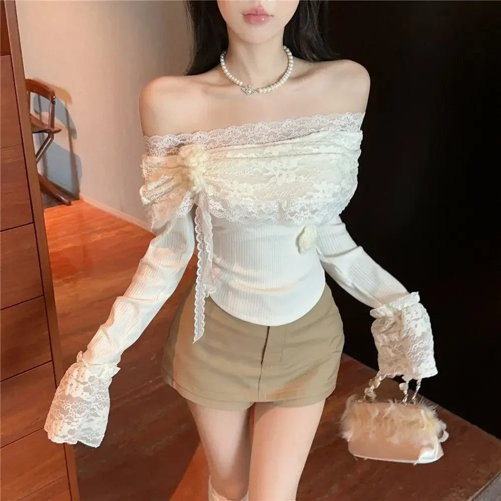 Bxoxo Fashion Slash Neck Women T Shirt Korean Elegant Lace Patchwork Flower Crop Top Sweet Slim Long Sleeve Ladies Base Tees New
