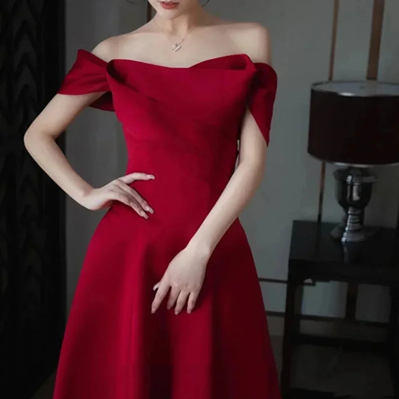BXOXO prom dresses 2025 Customized Red Satin Wedding Dress Women Boat Neck Off The Shoulder Pleated Evening Dresses Elegant Simple Sleeveless A-Line