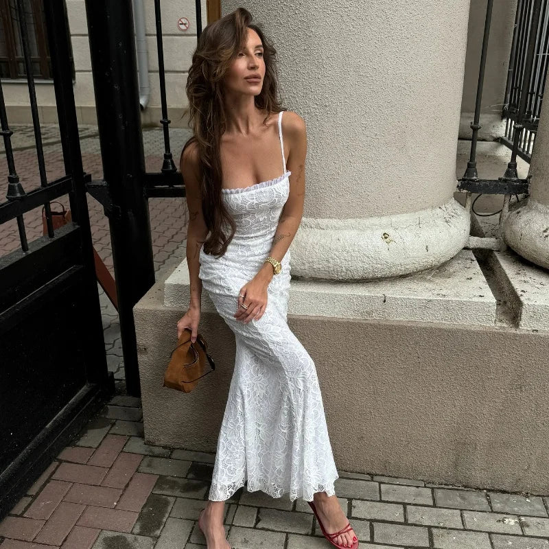 Bxoxo  Sexy Lace Patchwork Solid Color Low Cut Bodycon Spaghetti Strap Maxi Dress Y2K Summer Beach Fashion New Women Vestidos