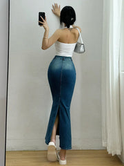 Bxoxo Spicy Girl Washed Denim Fishtail Half Skirt Women Summer High Waist Slim Split Slim Hip Long Skirt Fashion 2023 2Q1K