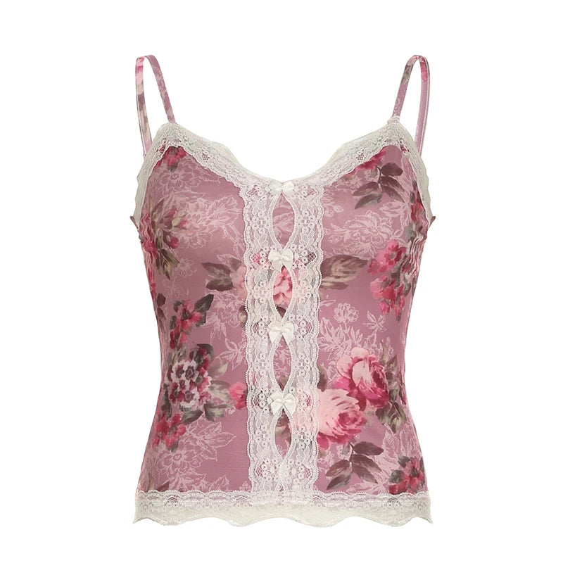 BXOXO y2k Floral Cropped Top Vintage Lace Stitching Sleeveless Skinny Strap Tops Women Retro Camisole Streetwear Tees Aesthetic