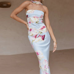 BXOXO Women Long Dress Floral Print Tube Dress Summer Fashion Backless Casual Strapless Dress with Choker Scarf