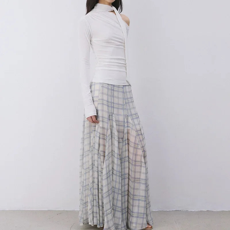 Bxoxo Gentle Checkered Fish Tail Skirt Semi-Transparent Soft Tulle Design Asymmetrical Half-length Polyester Fiber Grid Pattern