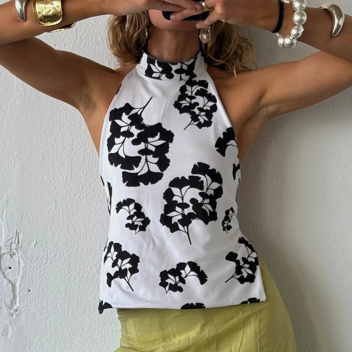 BXOXO Boho Graphic Print Backless Camis Women Y2k Halter Tank Top Vintage Sleeveless Tie Up Crop Top Summer Vest Streetwear