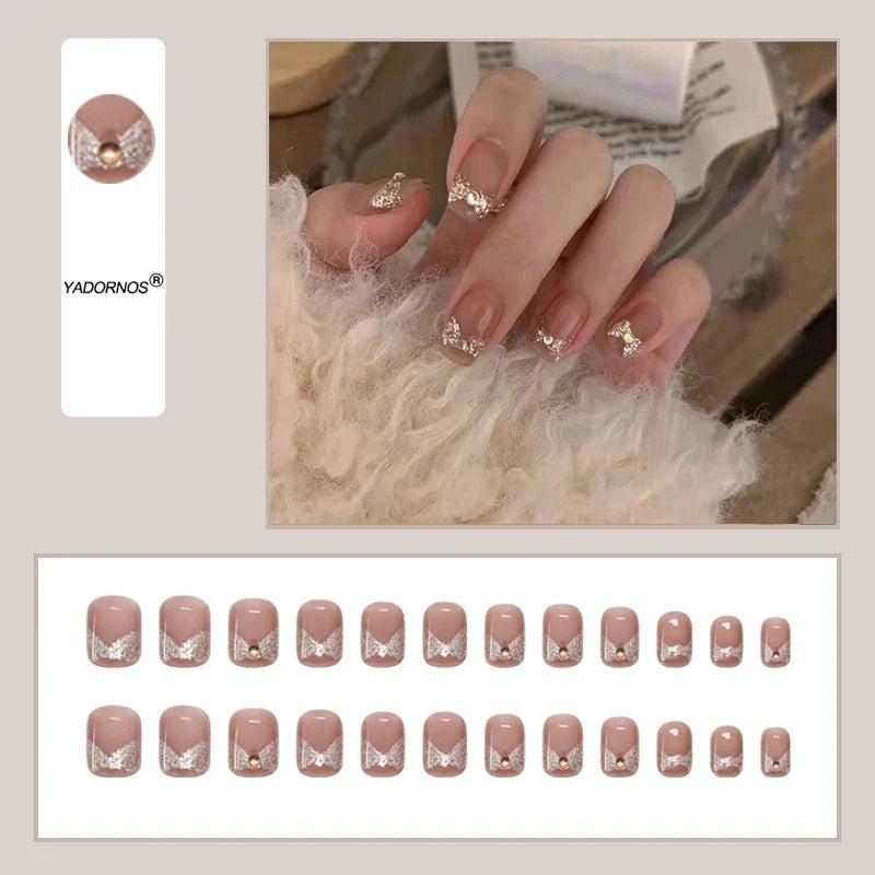 BXOXO Press On Nail Set Rhinestones Fake Nail Sweet Style Short Paragraph Manicure Save Time False Nail Wholesale Bulk