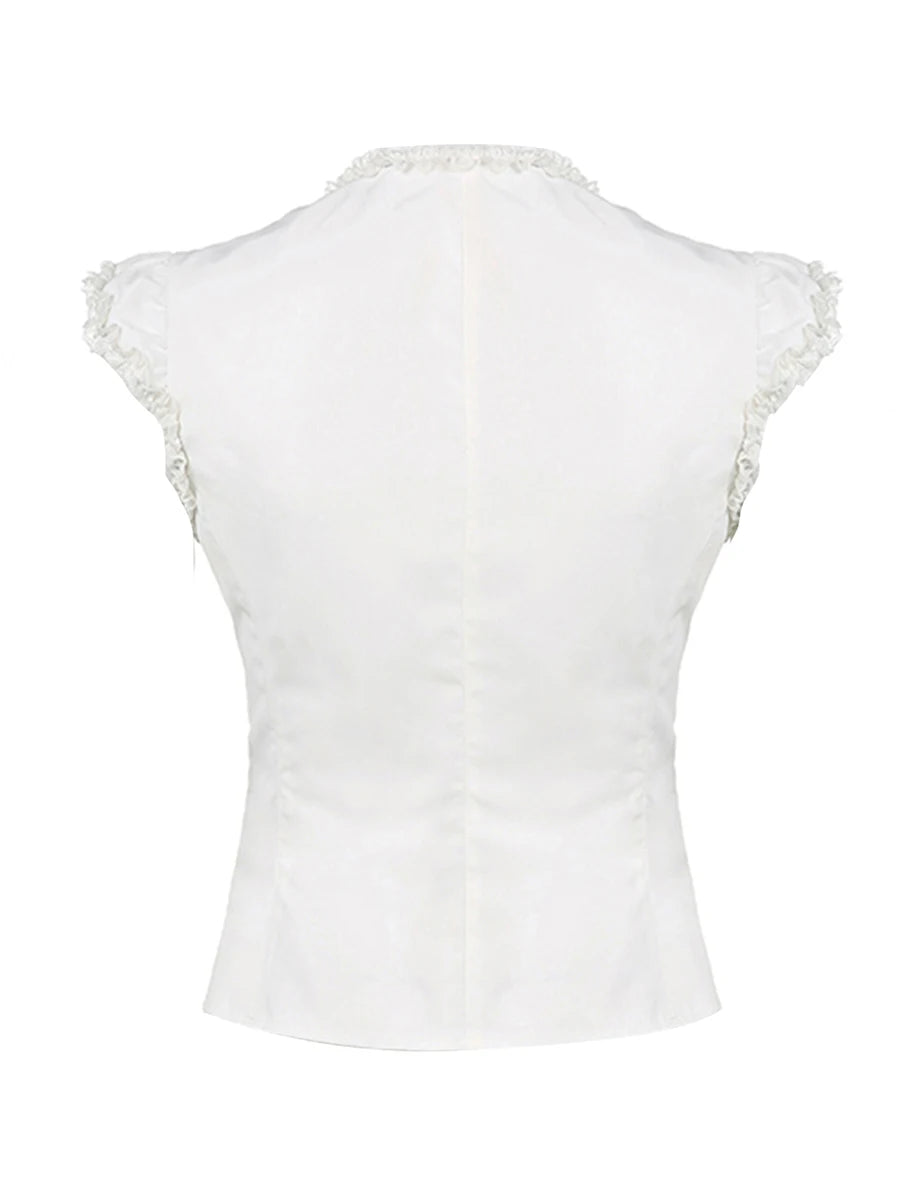 BXOXO Women's Button Down T-Shirts Cap Sleeve Crew Neck Cross Tie-up Front Lace Trim Tops