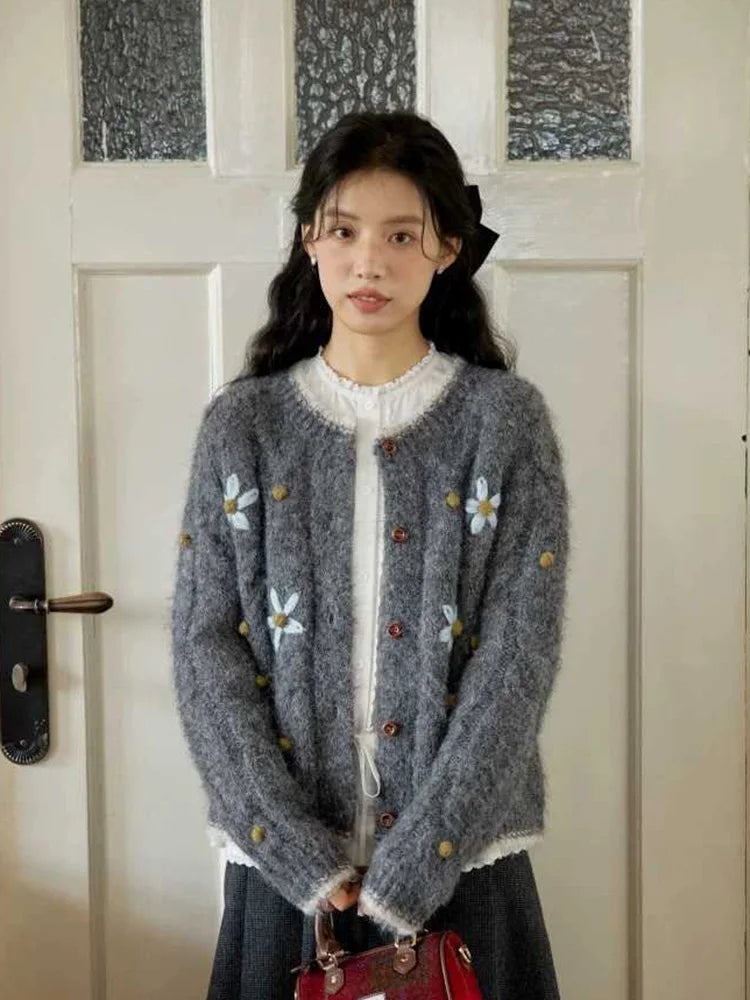 Bxoxo Elegant Floral Gray Cardigan Women Lazy Wind Long Sleeve Sweet Knitted Sweaters Vintage Japan Casual O Neck Female Retro Tops