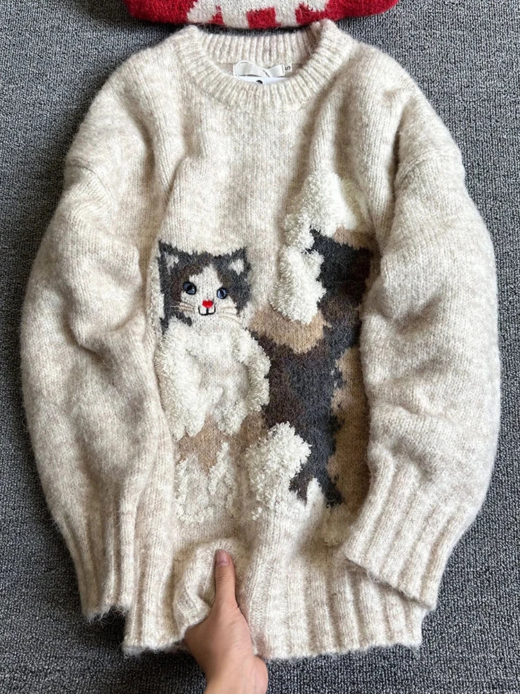 Bxoxo Cute Cat Knitted Sweater Women Y2K Korean Loose Soft Lazy Style Warm Pullover Fashion Autumn Warm All Match O Neck Jumpers