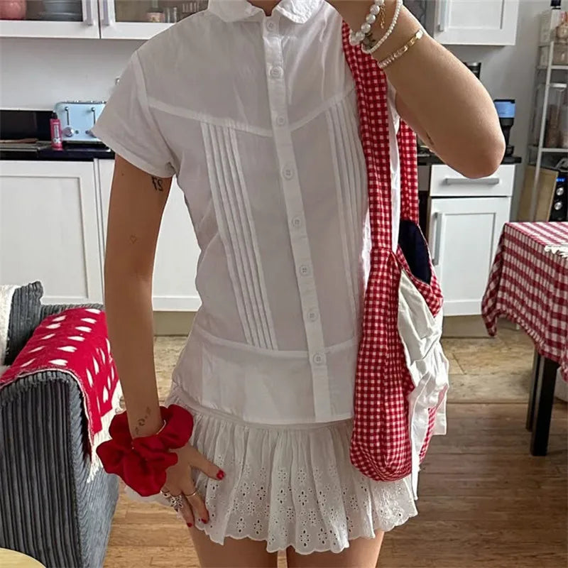 BXOXO Women Coquette Short Sleeve Button Up Shirt Y2K Preppy Vintage Tie Waist Lapel Tshirt Aesthetic Crop Top Streetwear