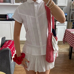 BXOXO Women Coquette Short Sleeve Button Up Shirt Y2K Preppy Vintage Tie Waist Lapel Tshirt Aesthetic Crop Top Streetwear