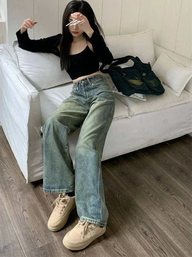 BXOXO Y2k Baggy Wide Leg Jeans Women Vintage Streetwear Washed Denim Pants Grunge Basic Slouchy Blue Trousers Femme Autumn