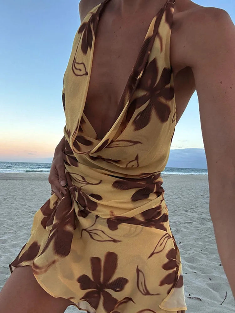 BXOXO  Halter Print Sexy Mini Dress For Women Robe Elegant Deep V Neck Sleeveless Backless Ruffled High Waist Beach Dress