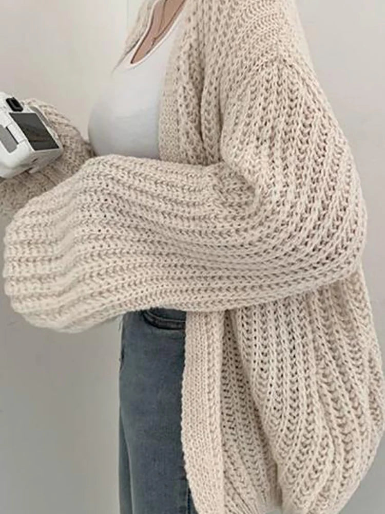 BXOXO Women Cardigan Sweater Coat Casual Loose Knitted Solid Coat Lantern Sleeve Sweet Overcoat For Women Autumn Winter