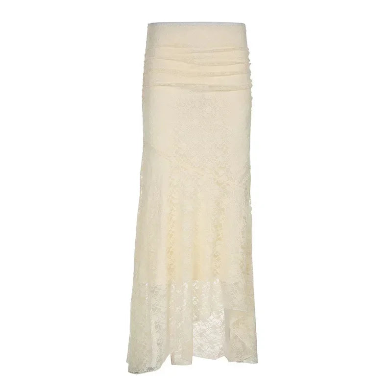 Bxoxo Two Layer Lace Trumpet & Mermaid Long Skirts For Women Vintage Elegant Fashion High Waist Skirt Holiday Outfits