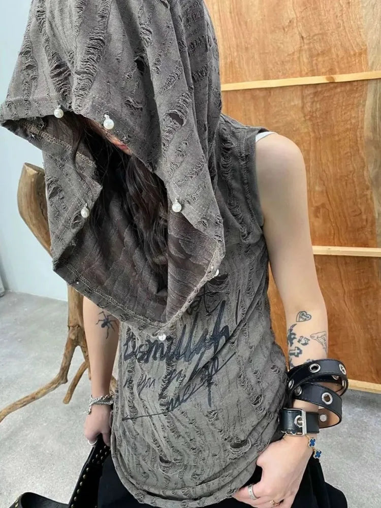 BXOXO Street Hole Hollow Out Tops Women Pearl Button Print Hoodie Tee Shirt Y2k Grunge Slim Fit Sleeveless T-shirts Vest Tanks