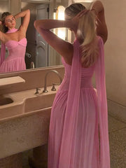 BXOXO  Scarf Collar Backless Sexy Maxi Dress For Women Gown Pink Strapless Off-shoulder Backless Mesh Long Dress Vestido