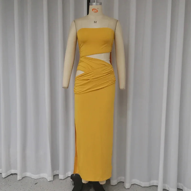 BXOXO Long Dress Summer Women Fashion Sleeveless Strapless Tube Backless Nipped Waist Cut Out Slit Slim Party Bodycon Dresses