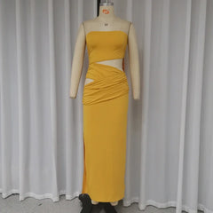 BXOXO Long Dress Summer Women Fashion Sleeveless Strapless Tube Backless Nipped Waist Cut Out Slit Slim Party Bodycon Dresses