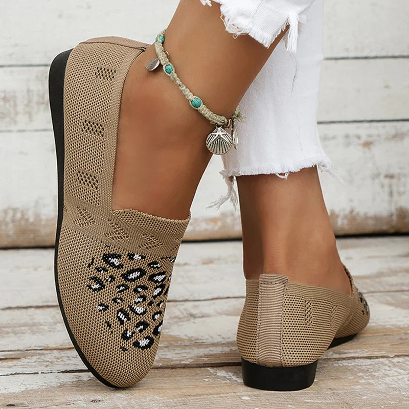 BXOXO Leopard Prints Knitted Loafers Women Breathable Mesh Shallow Flats Shoes Woman Lightweight Casual Slip-On Walking Shoes