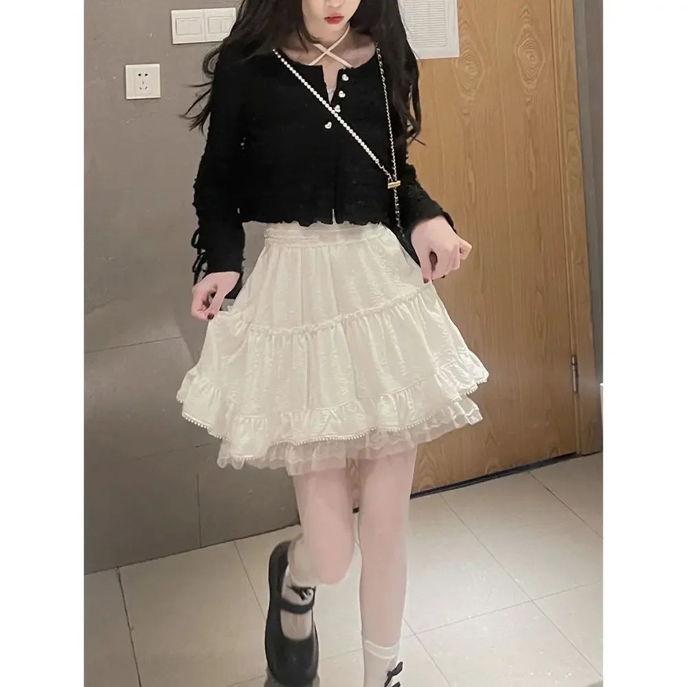 BXOXO White Lace Mini Skirt for Women Girl Kawaii Short Skirt for Summer Fairycore Clothes Korean Fashion Lolita Clothing Fairy Core