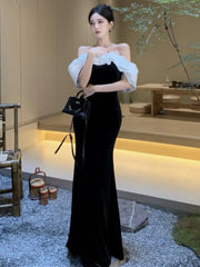 BXOXO Women Sexy Off Shoulder Party Dress New Slim Waist French Patchwork Elegant Lady Maxi Fashion Solid A-line Vestidos Mujers