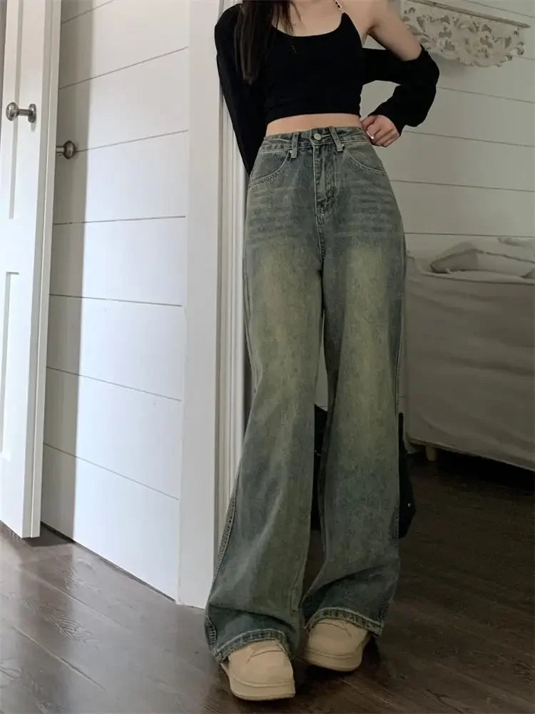 Bxoxo Vintage High-waisted Slimming Jeans American Style Casual Bell Bottoms Versatile Straight-leg Long Pants For Women